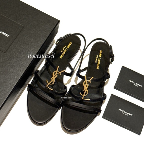 Saint Laurent Shoes - {Saint Laurent} YSL Cassandra 05 Flat Sandal Black/Gold - Size 39.5 EUR